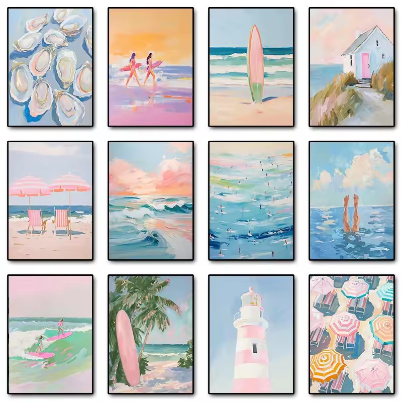 Resin Art Wall Decor - Pink Watercolor Ocean Waves Seascape Poster